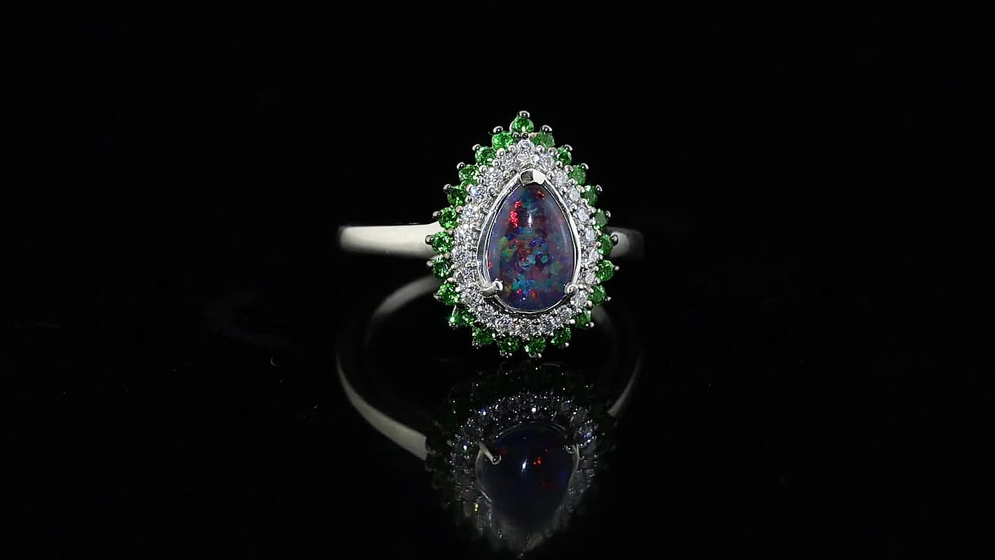D''Joy Premium Australian Black Ridge Opal Triplet, Multi Gemstone Celestial Splendor Ring in Rhodium Over Sterling Silver (Size 10.0) (Ships in 10-12 Days) 1.65 ctw
