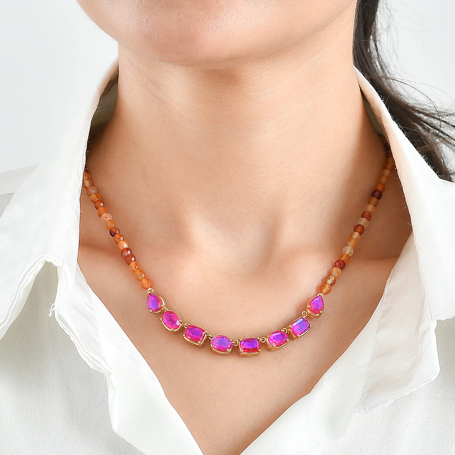 EverTrue Volcanic Triplet Quartz and Carnelian 57.10 ctw Necklace (18 Inches) in 18K YG Plated