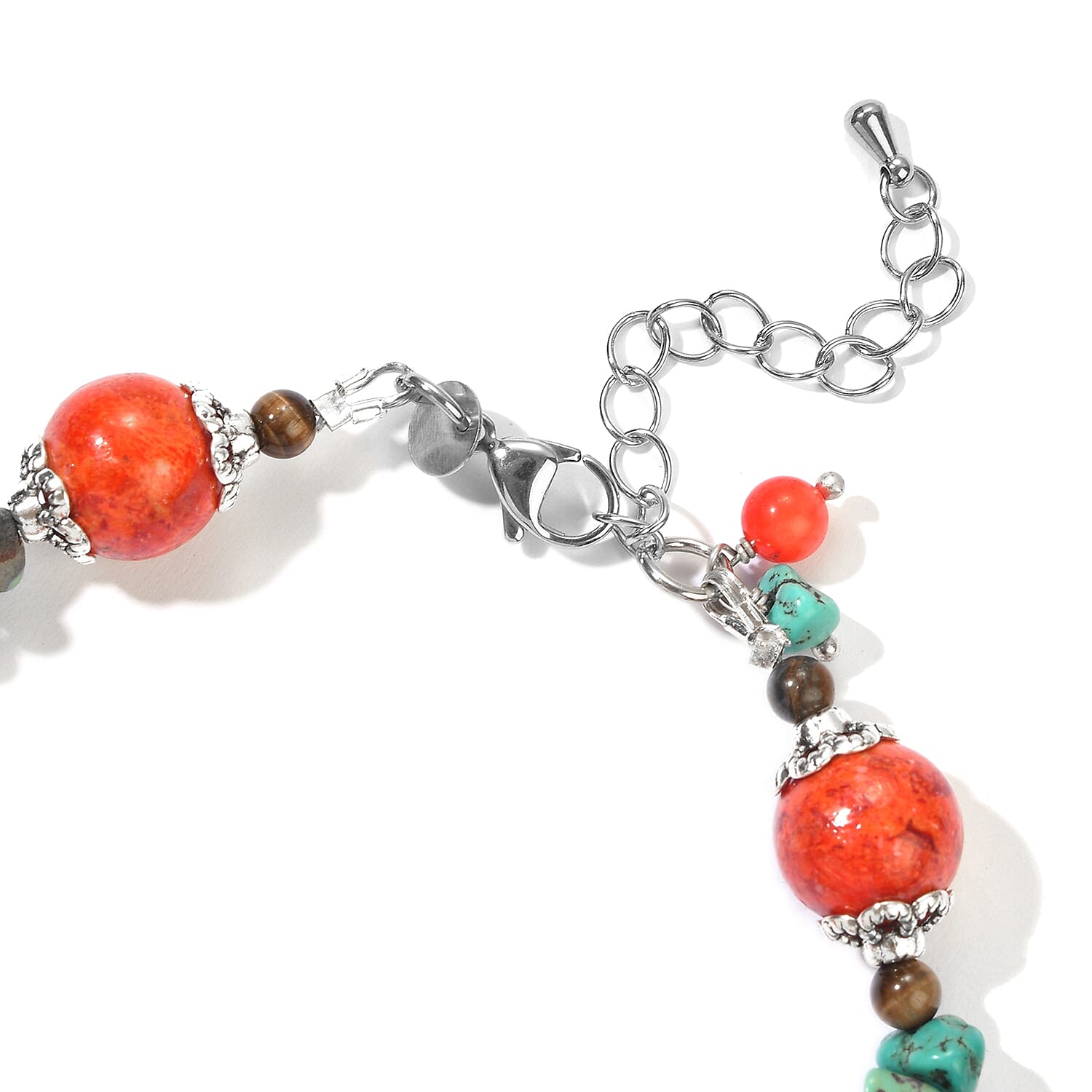 GCS Sponge Coral, Turquoise and Tigers Eye 79.70 ctw Beaded Bracelet in Silvertone (7.25 In)