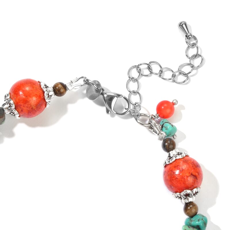GCS Sponge Coral, Turquoise and Tigers Eye 79.70 ctw Beaded Bracelet in Silvertone (7.25 In)