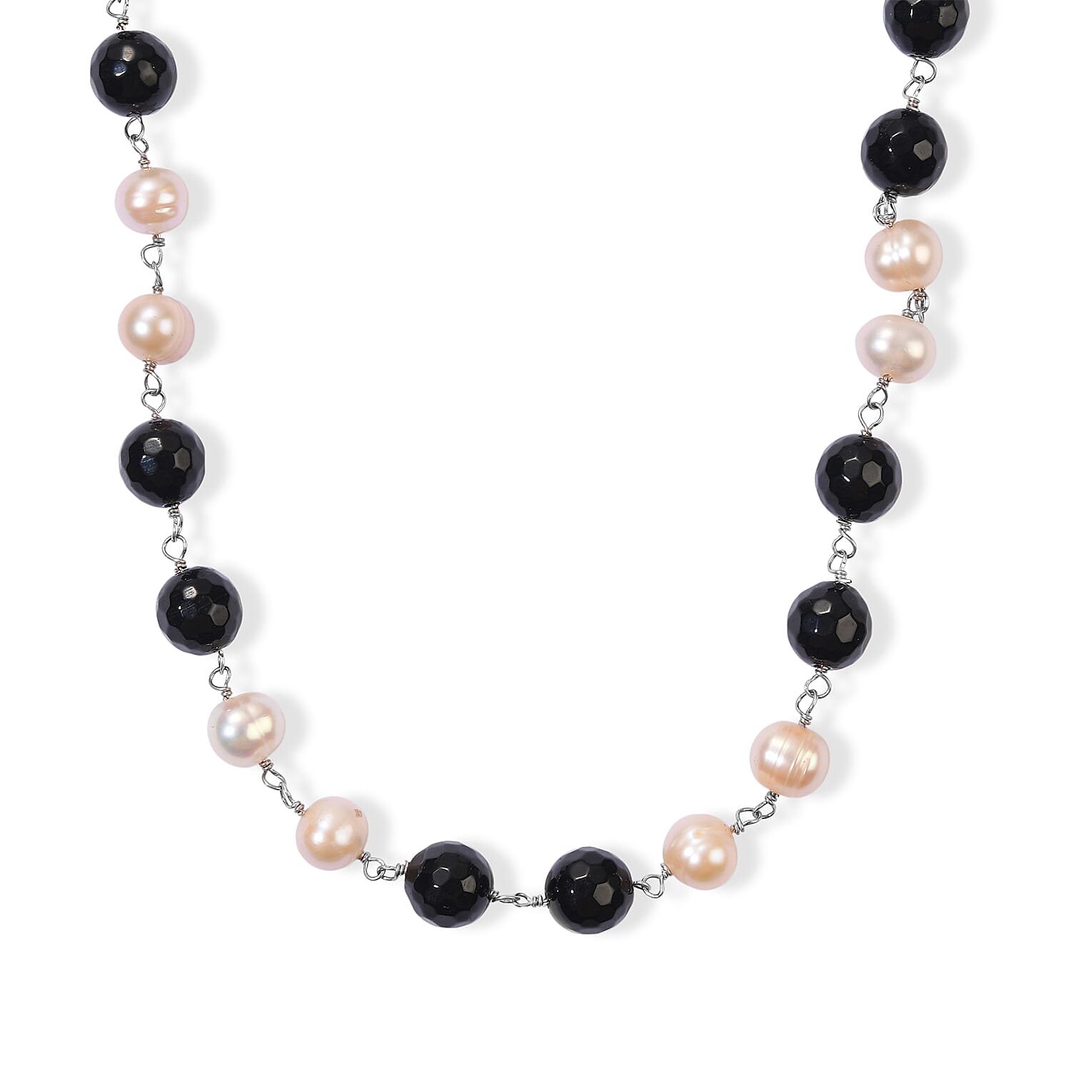 GCS Freshwater Pearl and Black Agate 55.90 ctw Beaded Necklace (18 Inches) in Platinum Bond