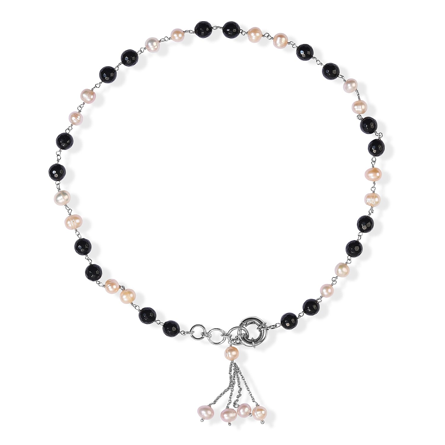 GCS Freshwater Pearl and Black Agate 55.90 ctw Beaded Necklace (18 Inches) in Platinum Bond