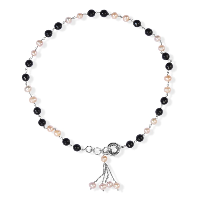 GCS Freshwater Pearl and Black Agate 55.90 ctw Beaded Necklace (18 Inches) in Platinum Bond