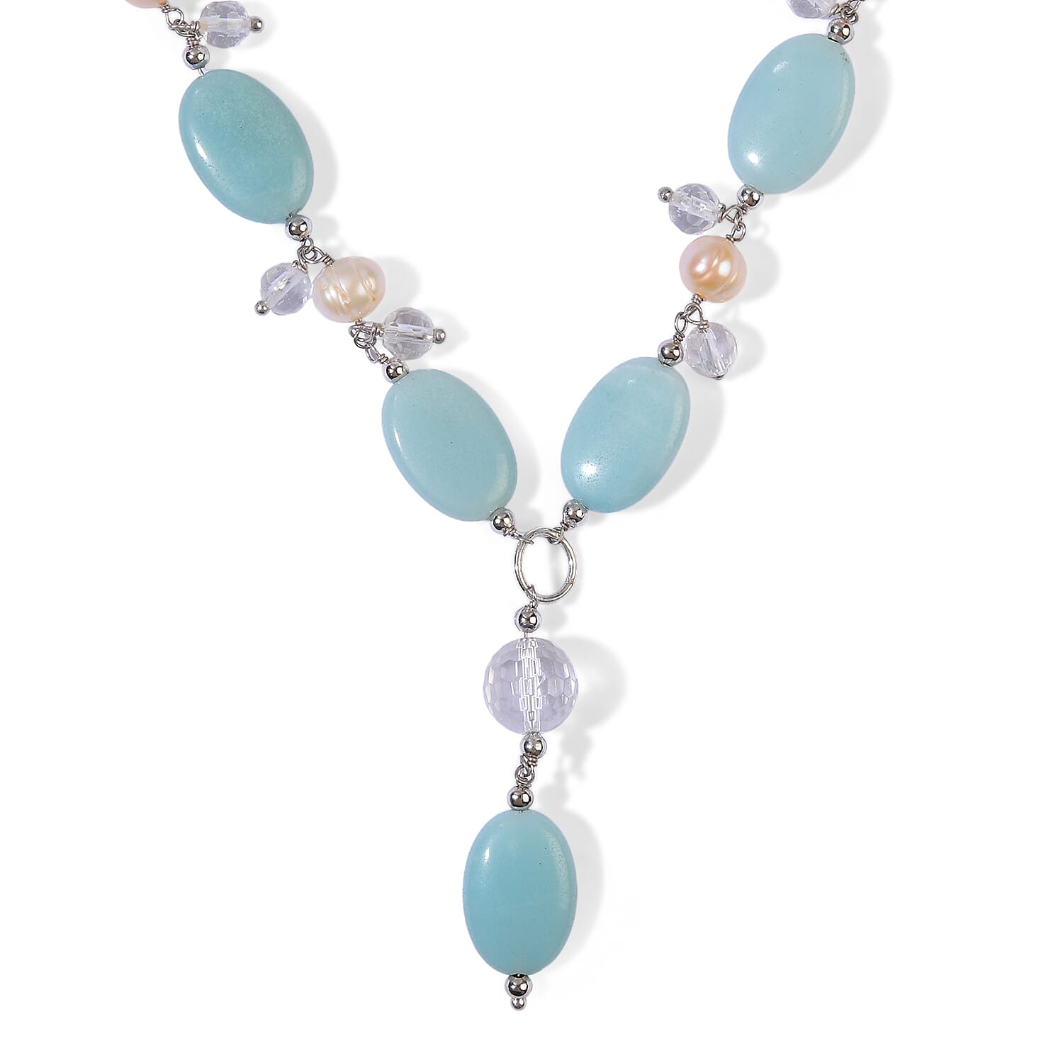 GCS EverTrue Amazonite 57.40 ctw, Freshwater Pearl and Crystal Necklace (20 Inches) in Platinum Bond