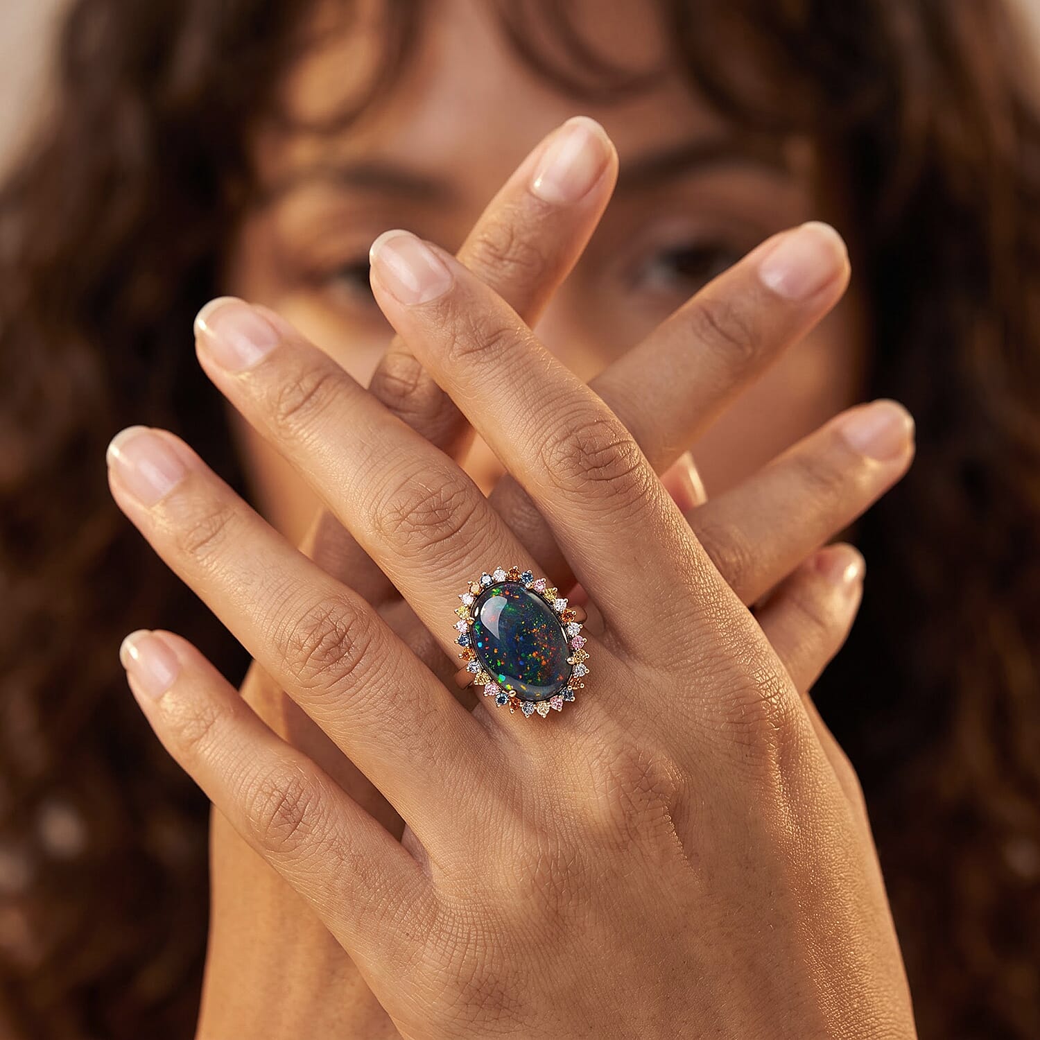 10K Yellow Gold Premium Australian Black Ridge Opal Triplet, Luxuriant Lab Grown Multi Color Diamond (IR) (VS) (0.72 cts) Celestial Crown Ring (Size 5.0) (5.10 g) 7.15 ctw