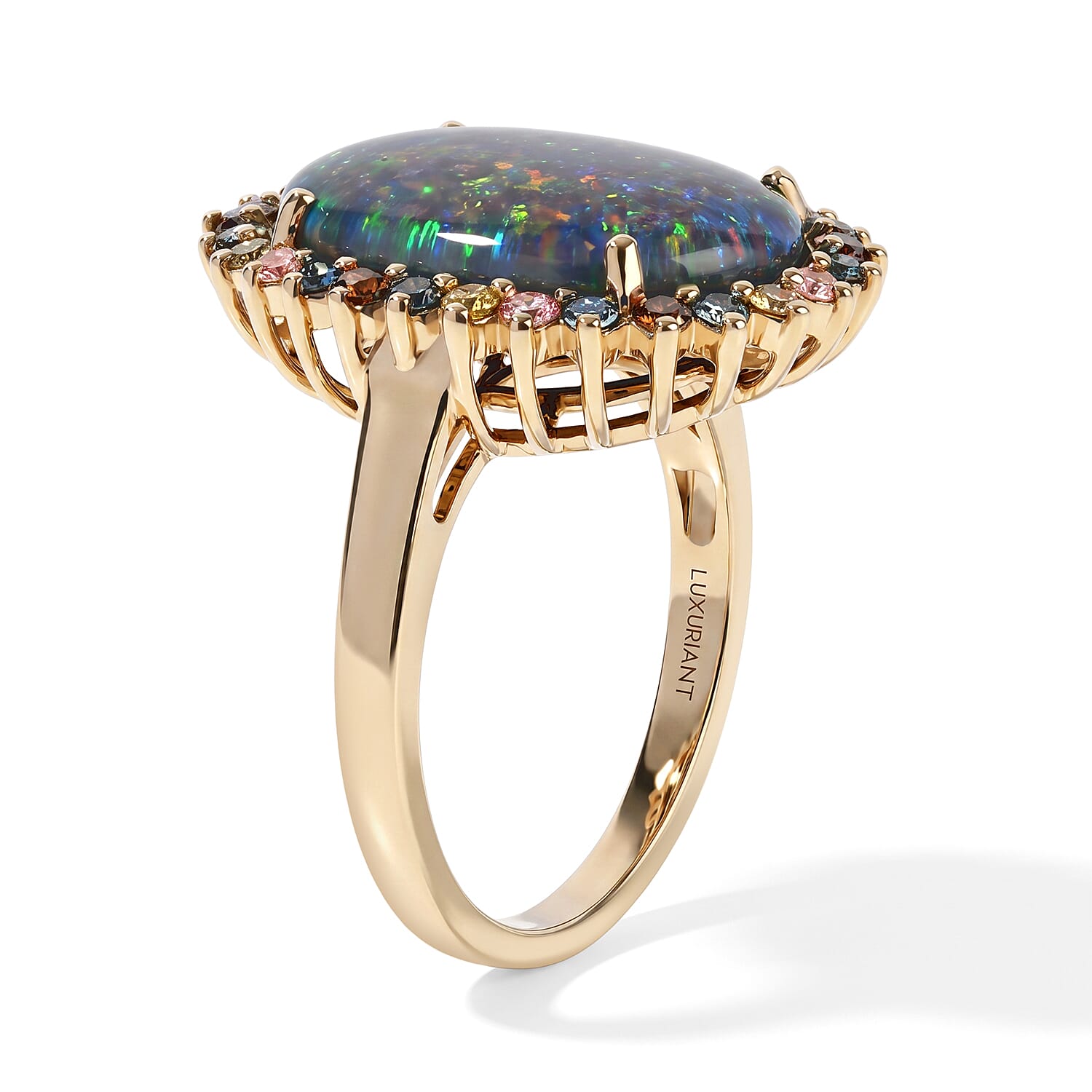 10K Yellow Gold Premium Australian Black Ridge Opal Triplet, Luxuriant Lab Grown Multi Color Diamond (IR) (VS) (0.72 cts) Celestial Crown Ring (Size 5.0) (5.10 g) 7.15 ctw