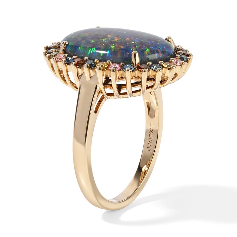 10K Yellow Gold Premium Australian Black Ridge Opal Triplet, Luxuriant Lab Grown Multi Color Diamond (IR) (VS) (0.72 cts) Celestial Crown Ring (Size 5.0) (5.10 g) 7.15 ctw