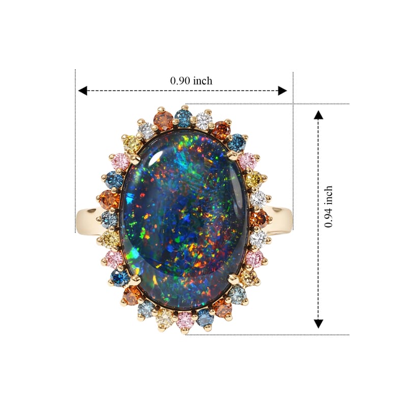 10K Yellow Gold Premium Australian Black Ridge Opal Triplet, Luxuriant Lab Grown Multi Color Diamond (IR) (VS) (0.72 cts) Celestial Crown Ring (Size 5.0) (5.10 g) 7.15 ctw
