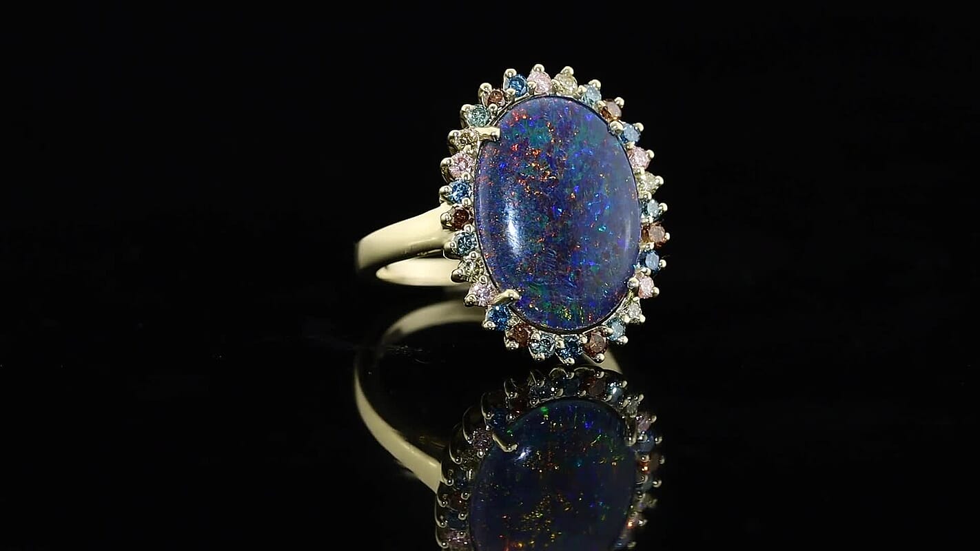 10K Yellow Gold Premium Australian Black Ridge Opal Triplet, Luxuriant Lab Grown Multi Color Diamond (Natural & IR) (VS) (72 cts) Ring (Size 7.0) (5.10 g) 7.15 ctw