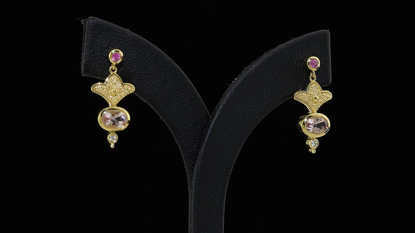 D''Joy Rachel Roy Premium Pink Morganite and Multi Gemstone 2.10 ctw Earrings in 18K Vermeil Yellow Gold Over Sterling Silver