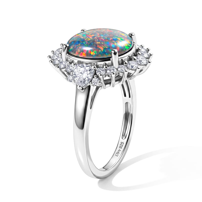 D'Joy Premium Australian Black Ridge Opal Triplet and Moissanite 3.90 ctw Midnight Empress Ring in Rhodium Over Sterling Silver (Size 6.0)