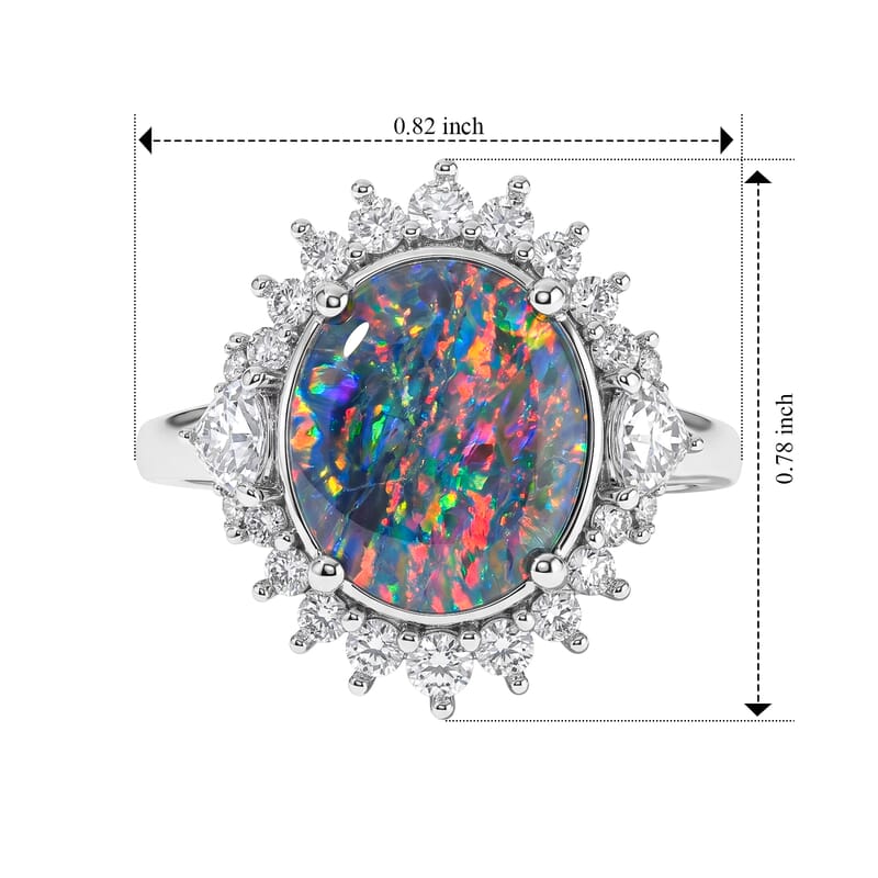 D'Joy Premium Australian Black Ridge Opal Triplet and Moissanite 3.90 ctw Midnight Empress Ring in Rhodium Over Sterling Silver (Size 6.0)
