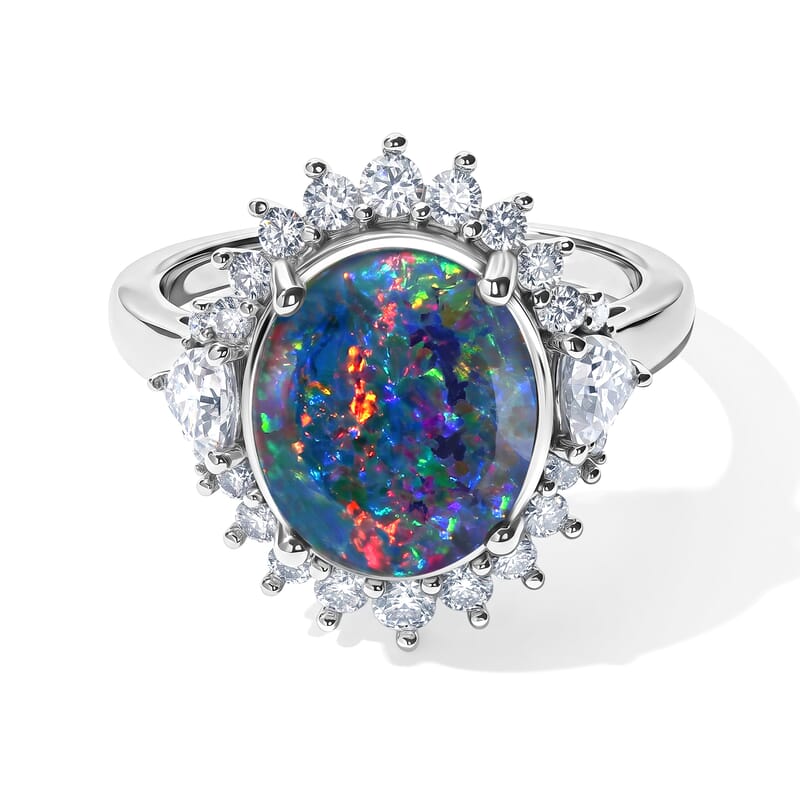 D'Joy Premium Australian Black Ridge Opal Triplet and Moissanite 3.90 ctw Midnight Empress Ring in Rhodium Over Sterling Silver (Size 7.0)