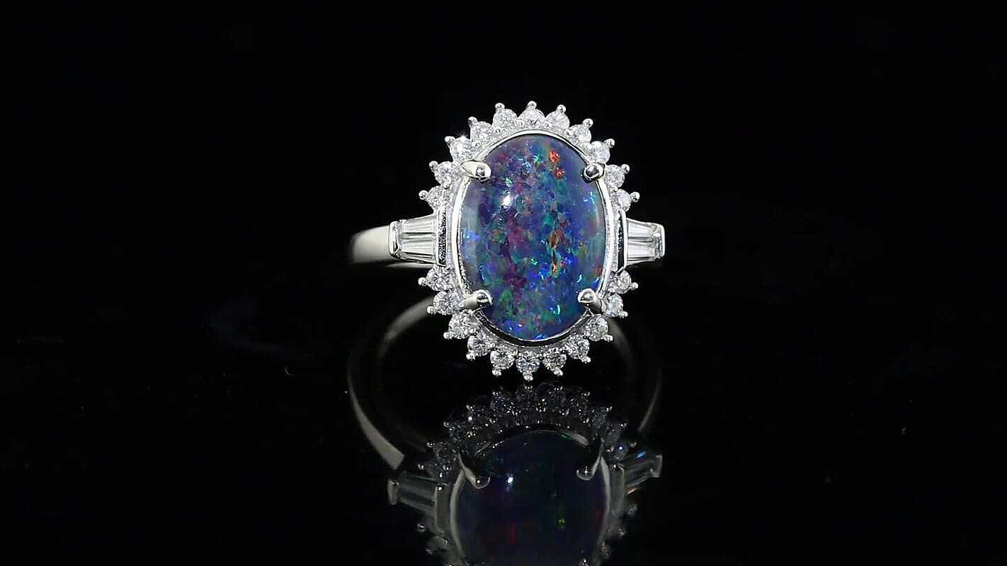 D''Joy Premium Australian Black Ridge Opal Triplet, Moissanite Midnight Empress Ring in Rhodium Over Sterling Silver (Size 10.0) 3.90 ctw
