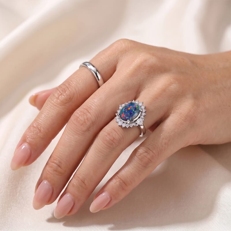 D'Joy Premium Australian Black Ridge Opal Triplet and Moissanite 3.90 ctw Midnight Empress Ring in Rhodium Over Sterling Silver (Size 7.0)