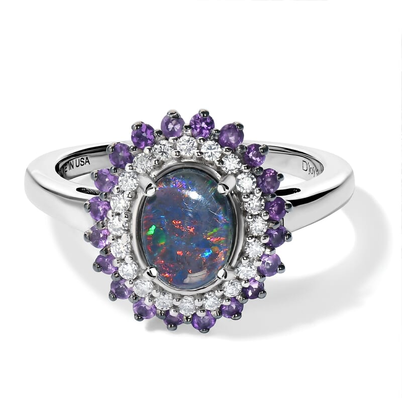 D'Joy Premium Australian Black Ridge Opal Triplet and Multi Gemstone 1.40 ctw Celestial Splendor Ring in Rhodium Over Sterling Silver (Size 6.0)