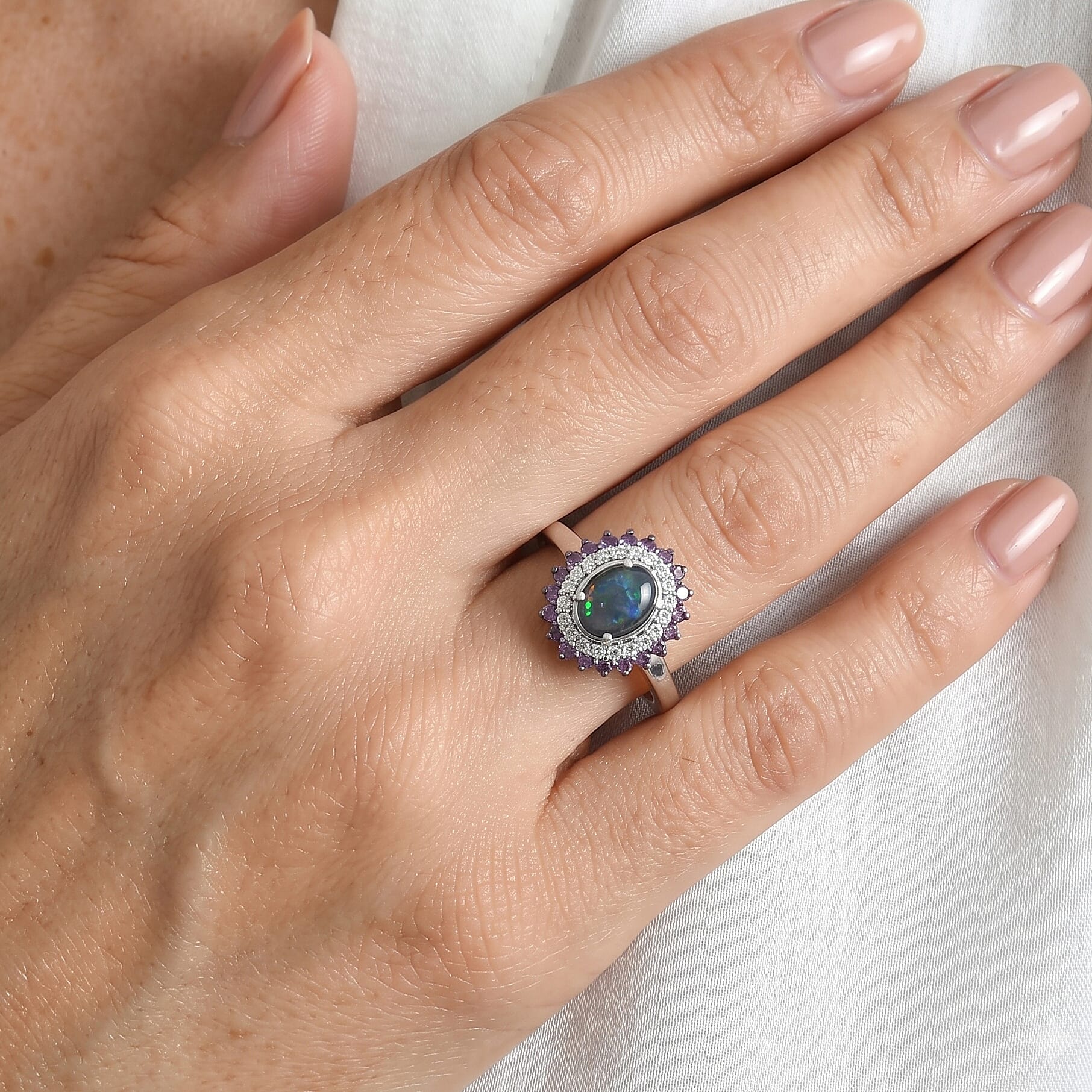 D'Joy Premium Australian Black Ridge Opal Triplet and Multi Gemstone 1.40 ctw Celestial Splendor Ring in Rhodium Over Sterling Silver (Size 6.0)