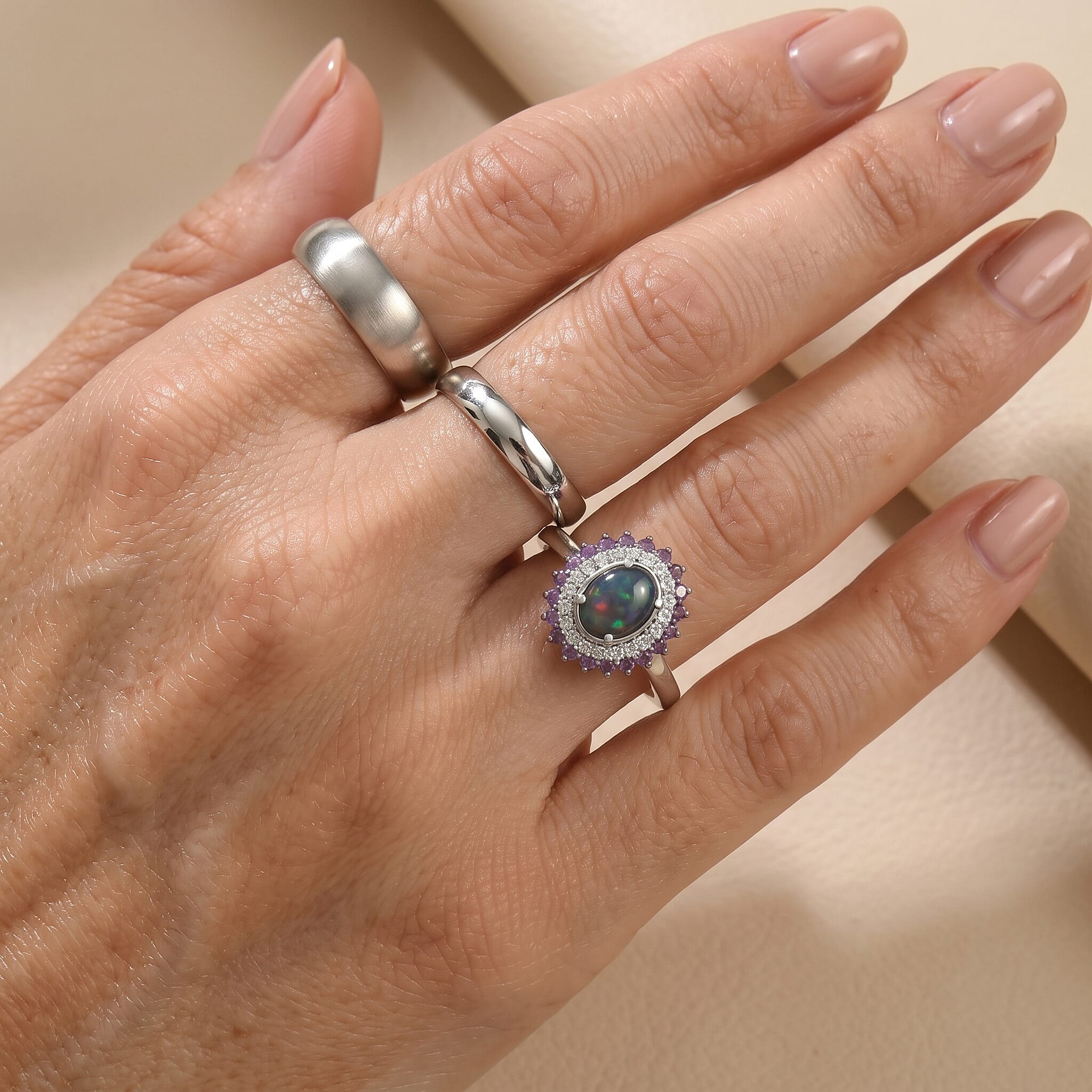 D'Joy Premium Australian Black Ridge Opal Triplet and Multi Gemstone 1.40 ctw Celestial Splendor Ring in Rhodium Over Sterling Silver (Size 6.0)