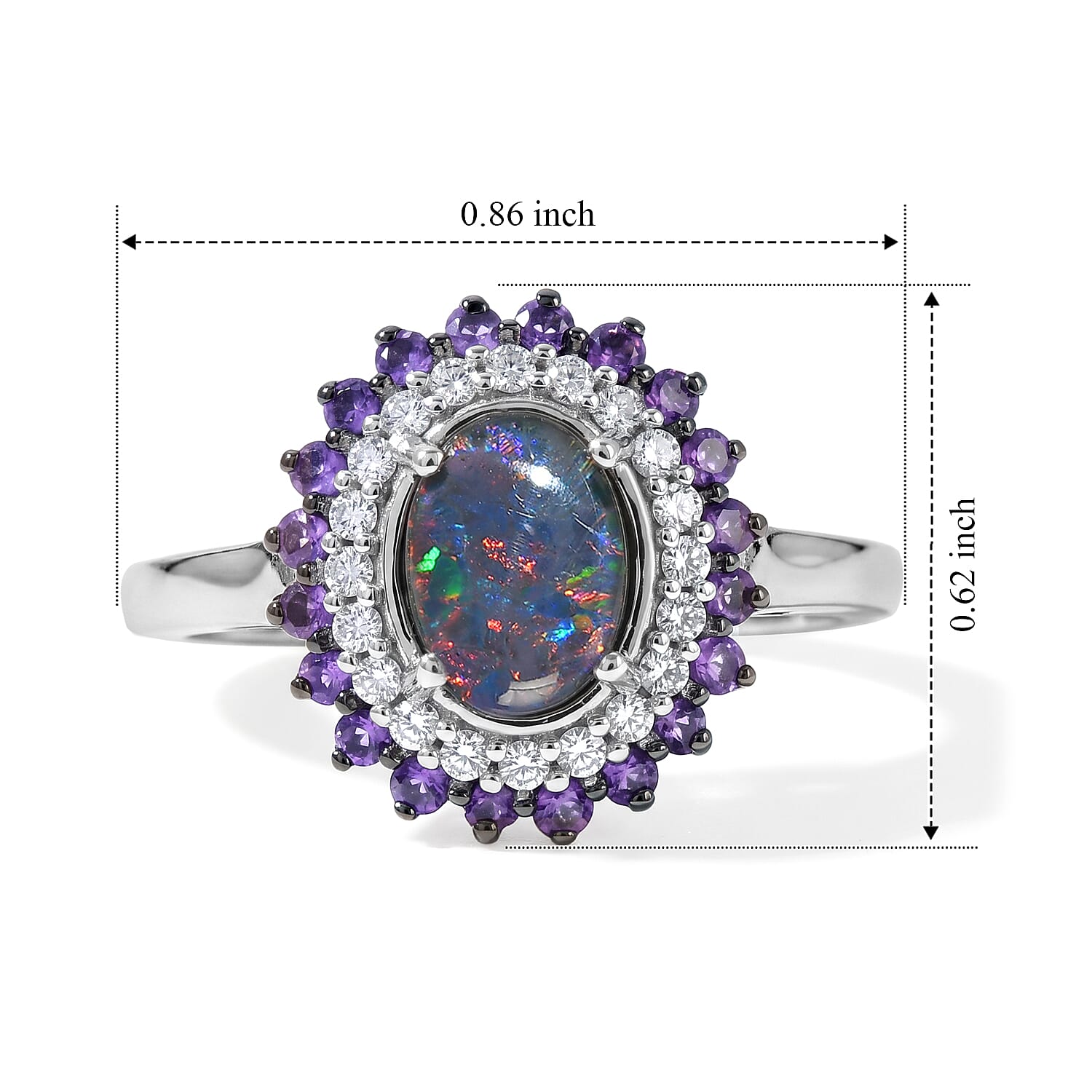 D'Joy Premium Australian Black Ridge Opal Triplet and Multi Gemstone 1.40 ctw Celestial Splendor Ring in Rhodium Over Sterling Silver (Size 6.0)