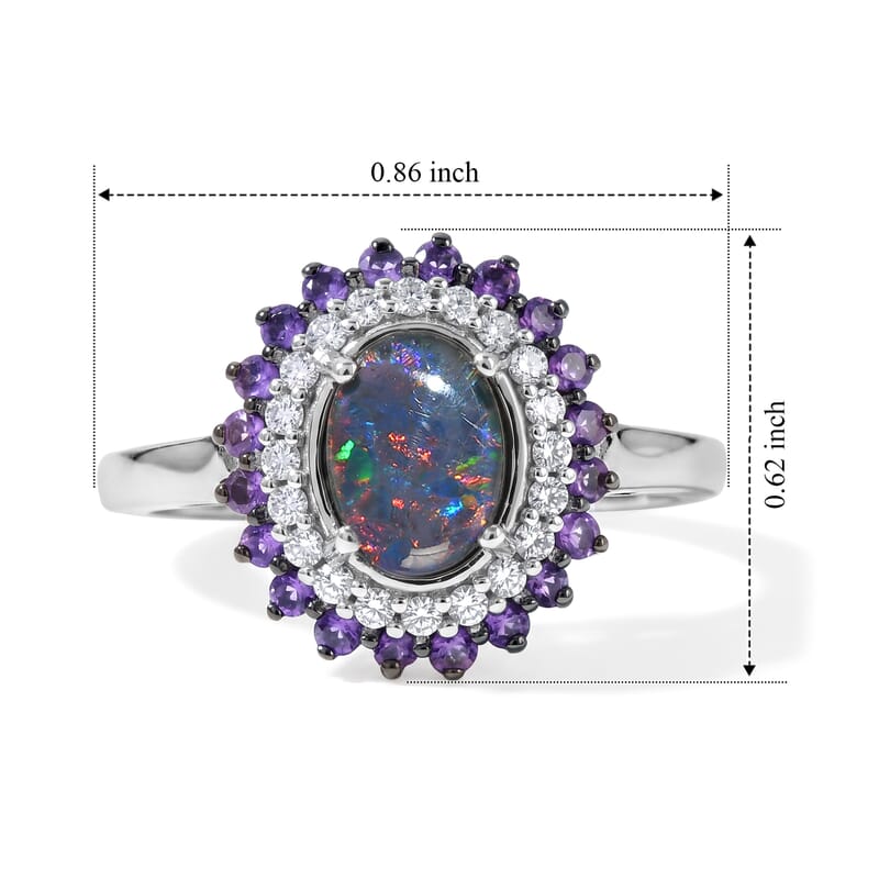 D'Joy Premium Australian Black Ridge Opal Triplet and Multi Gemstone 1.40 ctw Celestial Splendor Ring in Rhodium Over Sterling Silver (Size 6.0)
