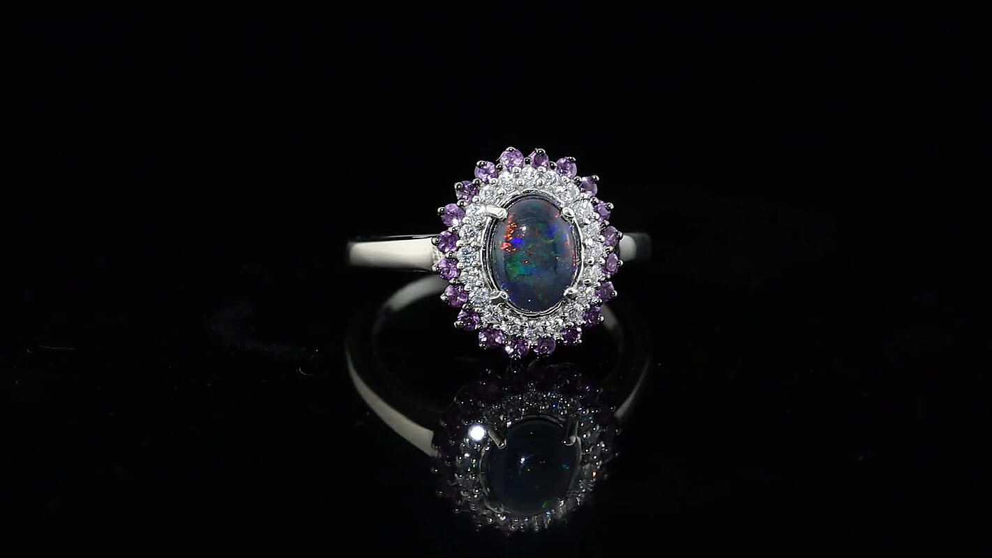 D''Joy Premium Australian Black Ridge Opal Triplet, Multi Gemstone Celestial Splendor Ring in Rhodium Over Sterling Silver (Size 10.0) (Ships in 10-12 Days) 1.40 ctw