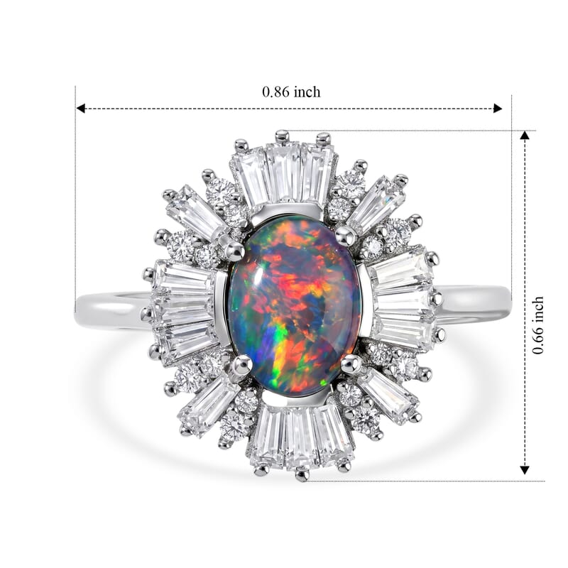 D'Joy Premium Australian Black Ridge Opal Triplet and Moissanite 1.60 ctw Imperial Starburst Ring in Rhodium Over Sterling Silver (Size 6.0)