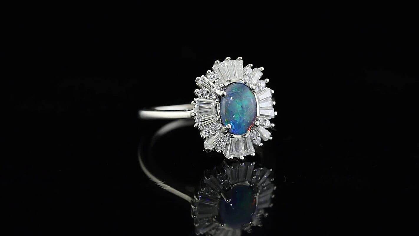 D''Joy Premium Australian Black Ridge Opal Triplet, Moissanite Imperial Starburst Ring in Rhodium Over Sterling Silver (Size 10.0) (Ships in 8-10 Days) 1.60 ctw