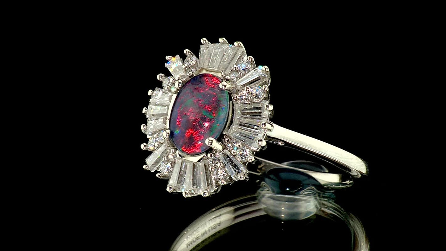 D''Joy Premium Australian Black Ridge Opal Triplet, Moissanite Imperial Starburst Ring in Rhodium Over Sterling Silver (Size 10.0) (Ships in 8-10 Days) 1.60 ctw