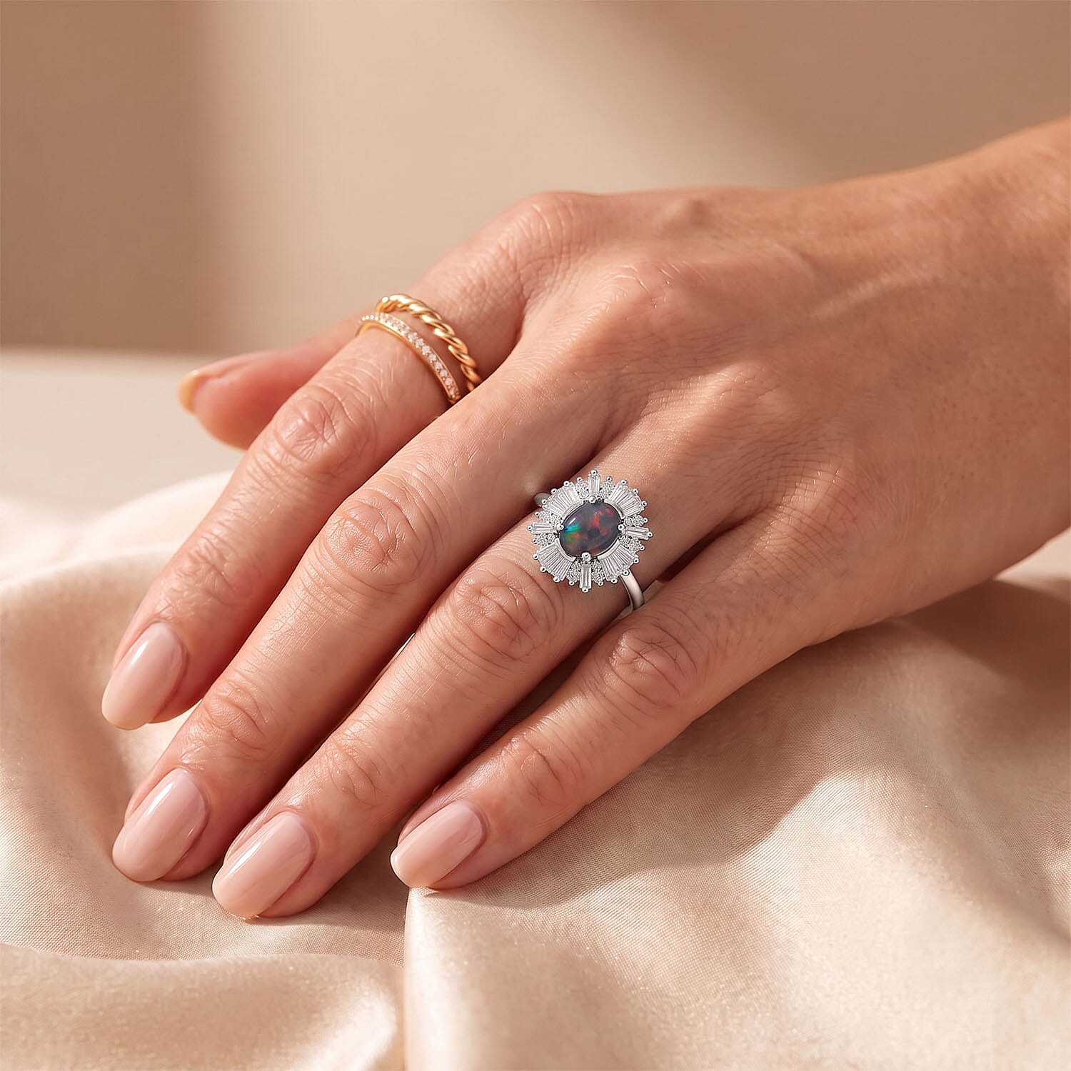 D'Joy Premium Australian Black Ridge Opal Triplet and Moissanite 1.60 ctw Imperial Starburst Ring in Rhodium Over Sterling Silver (Size 7.0)