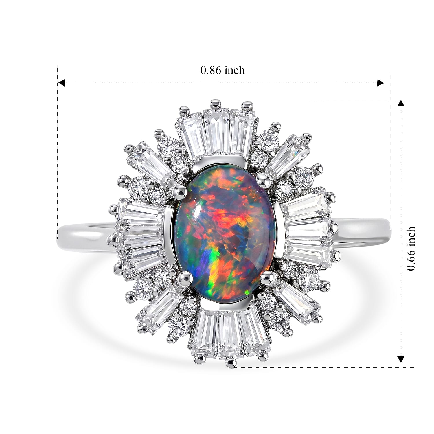 D'Joy Premium Australian Black Ridge Opal Triplet and Moissanite 1.60 ctw Imperial Starburst Ring in Rhodium Over Sterling Silver (Size 7.0)
