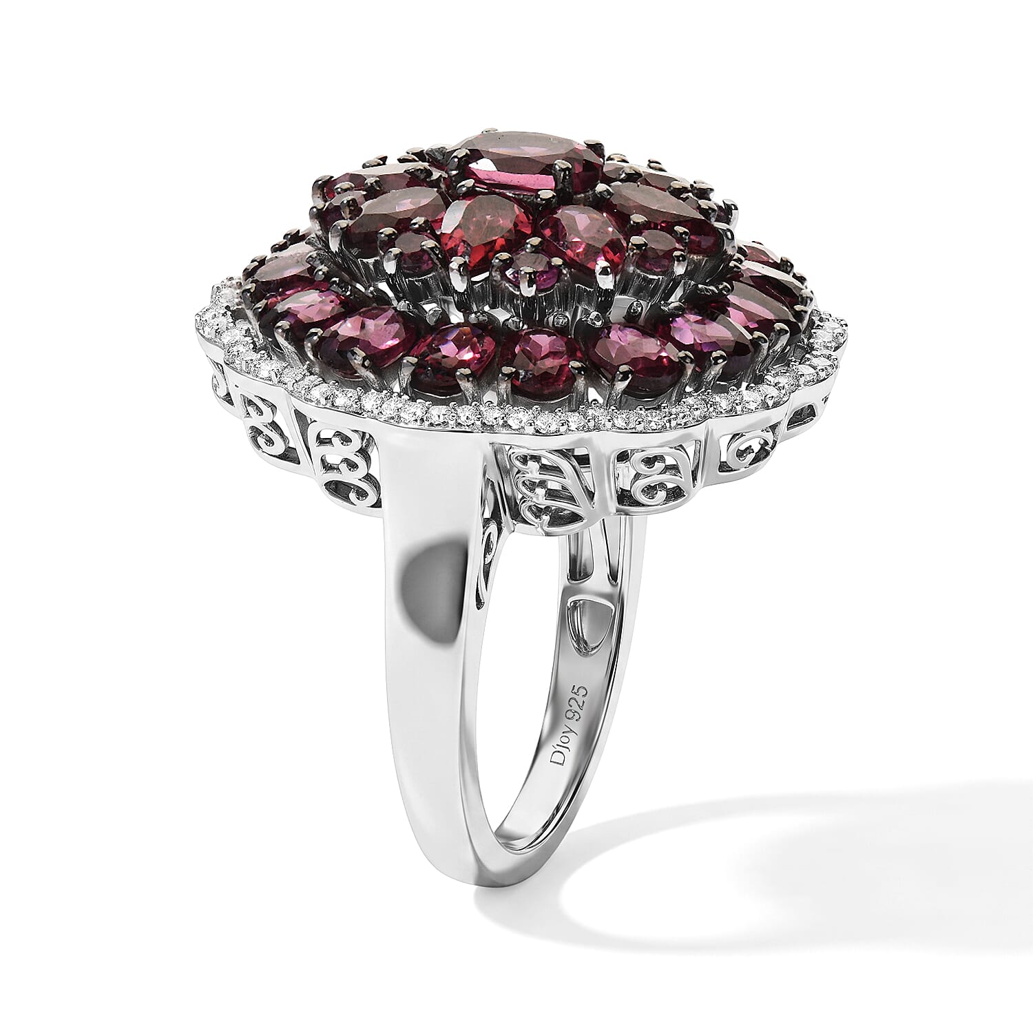 D'Joy Premium Tanzanian Wine Garnet and Moissanite 7.40 ctw Flame Rosette Ring in Rhodium Over Sterling Silver (Size 6.0)