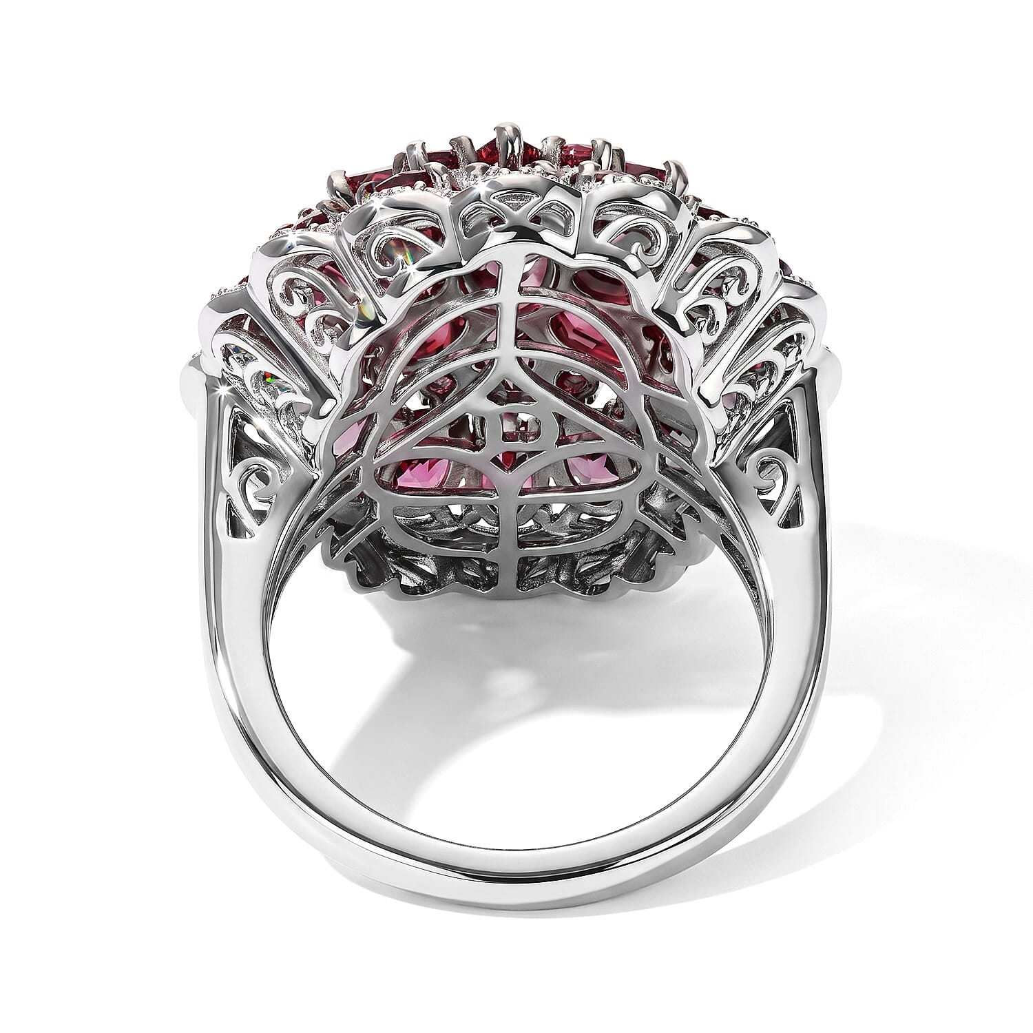 D'Joy Premium Tanzanian Wine Garnet and Moissanite 7.40 ctw Flame Rosette Ring in Rhodium Over Sterling Silver (Size 6.0)