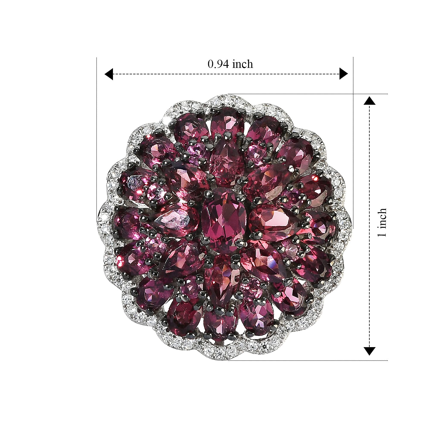 D'Joy Premium Tanzanian Wine Garnet and Moissanite 7.40 ctw Flame Rosette Ring in Rhodium Over Sterling Silver (Size 6.0)