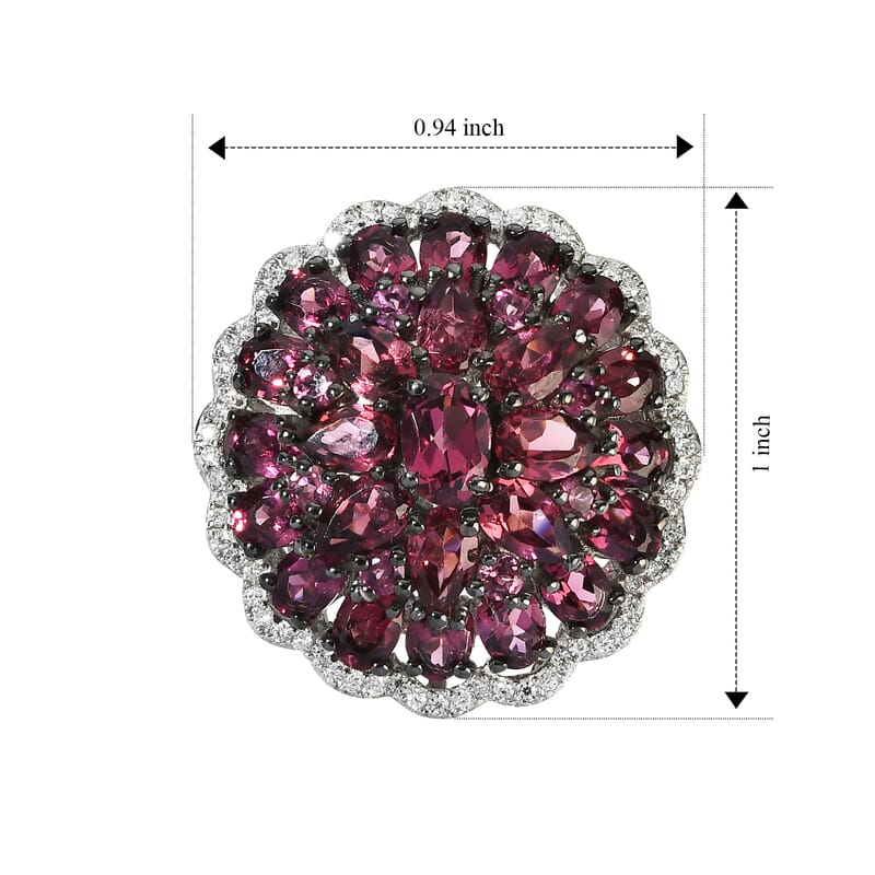 D'Joy Premium Tanzanian Wine Garnet and Moissanite 7.40 ctw Flame Rosette Ring in Rhodium Over Sterling Silver (Size 6.0)