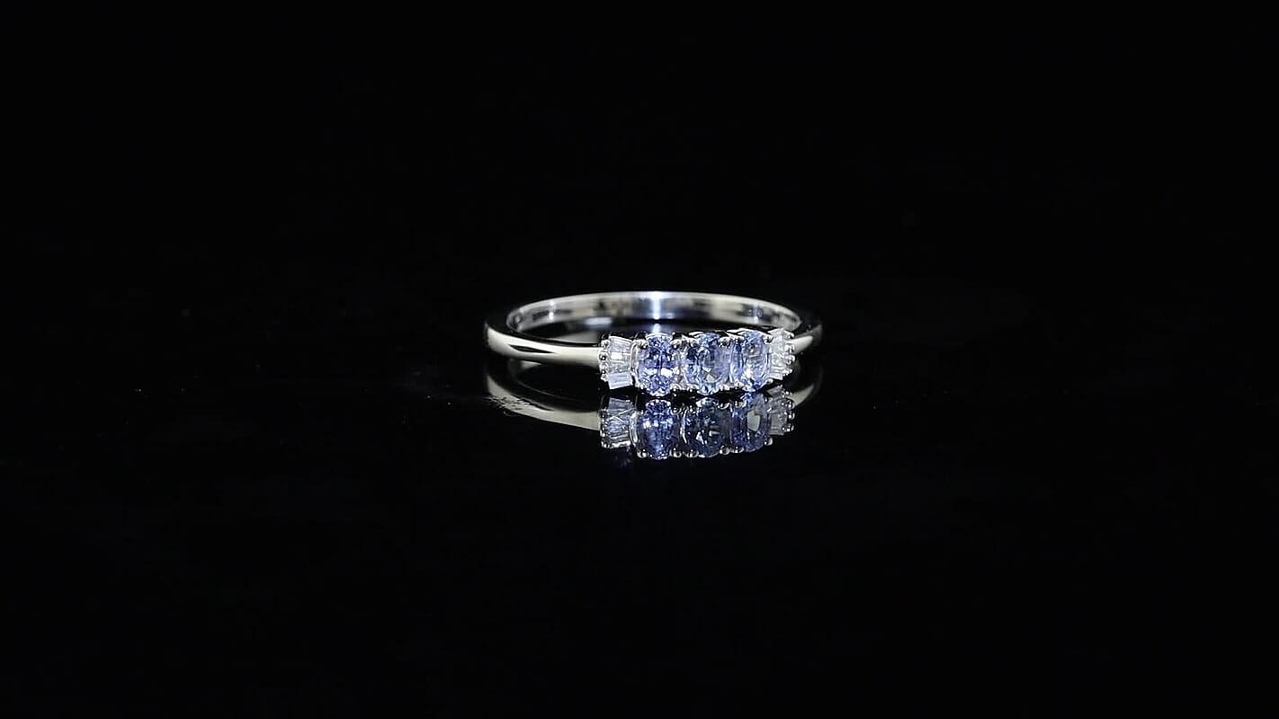 D''Joy Blue Ceylon Sapphire, White Diamond Ring in Rhodium Over Sterling Silver (Size 10.0) 0.70 ctw