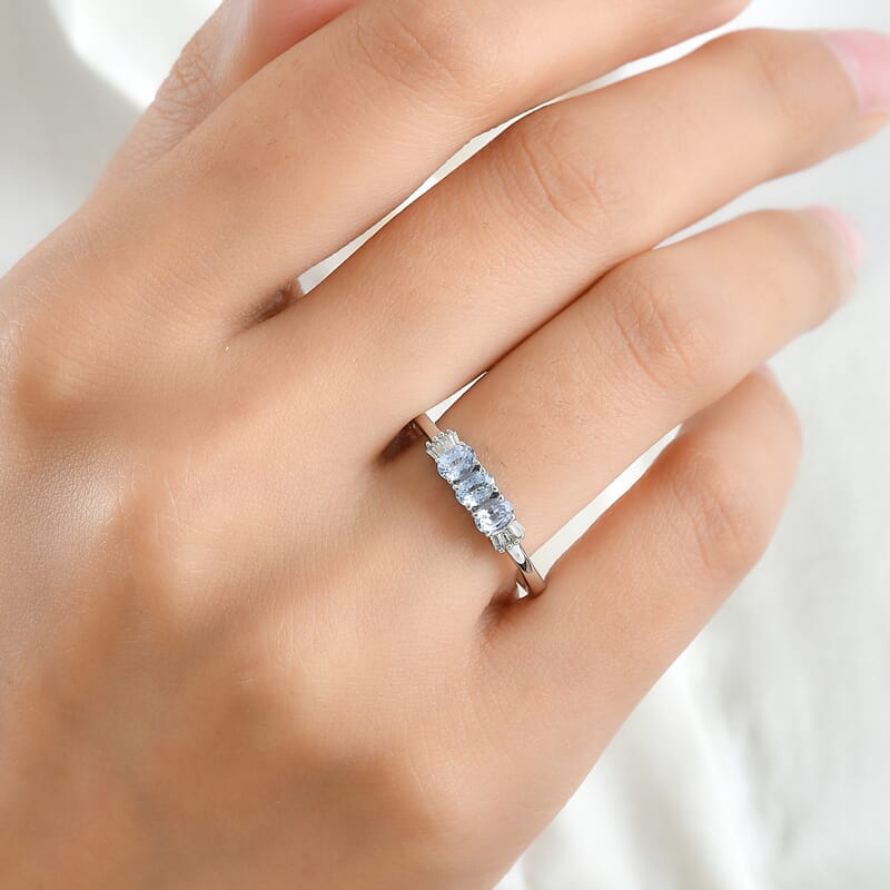 D'Joy Ceylon Blue Sapphire and Diamond 0.70 ctw Royal Trilogy Ring in Rhodium Over Sterling Silver (Size 10.0)