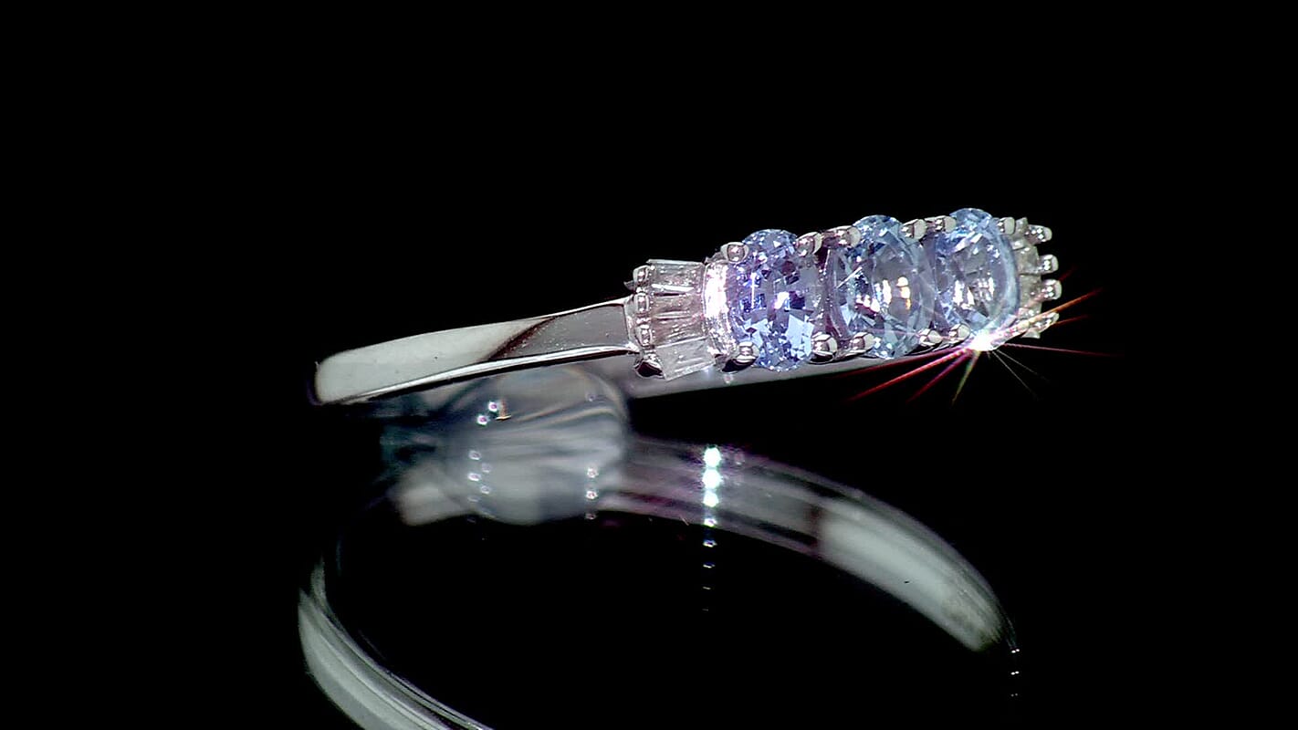 D''Joy Blue Ceylon Sapphire, White Diamond Ring in Rhodium Over Sterling Silver (Size 10.0) 0.70 ctw