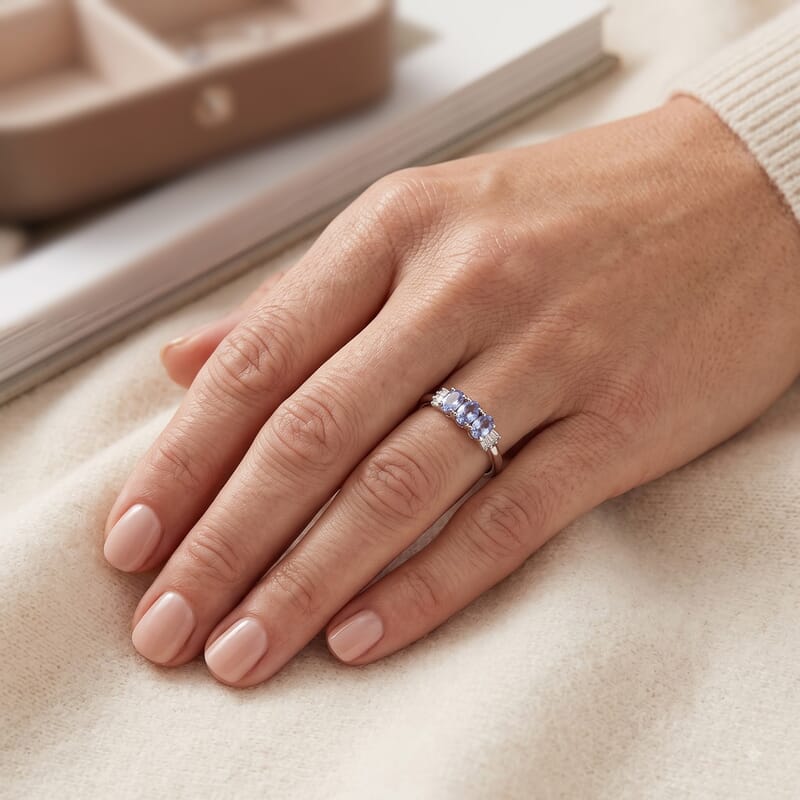 D'Joy Ceylon Blue Sapphire and Diamond 0.70 ctw Royal Trilogy Ring in Rhodium Over Sterling Silver (Size 10.0)