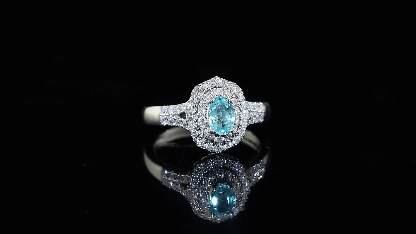 Certified and Appraised Rhapsody 950 Platinum AAAA Paraiba Tourmaline, Diamond (E-F, VS) (0.54 cts) Ring (Size 10.0) (5.90 g) 1.00 ctw