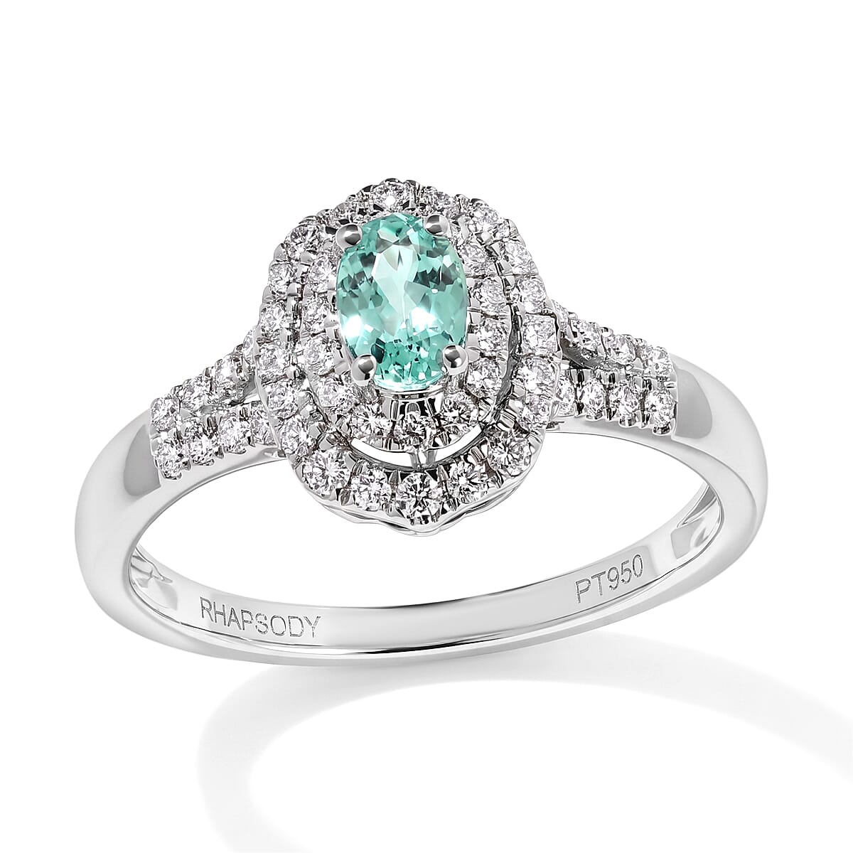 Certified and Appraised Rhapsody AAAA Paraiba Tourmaline and Diamond E-F VS 1.00 ctw Ring in 950 Platinum (Size 7.0) 5.90 Grams