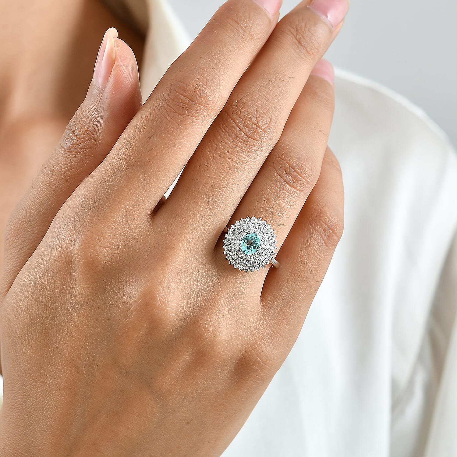 Certified and Appraised Luxoro AAA Paraiba Tourmaline and Diamond (I2) 1.30 ctw Ring in 10K White Gold (Size 7.0)