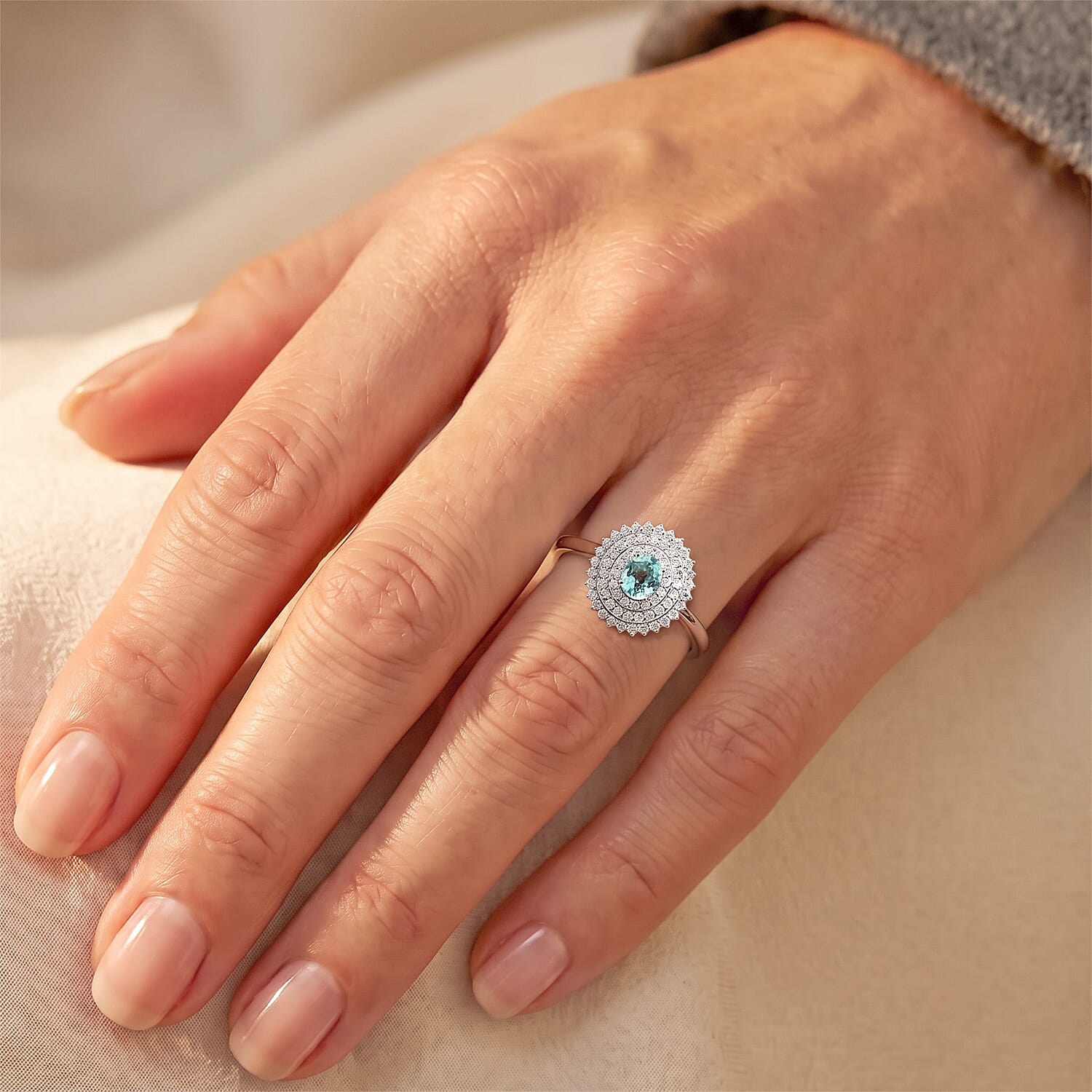 Certified and Appraised Luxoro AAA Paraiba Tourmaline and Diamond (I2) 1.30 ctw Ring in 10K White Gold (Size 7.0)