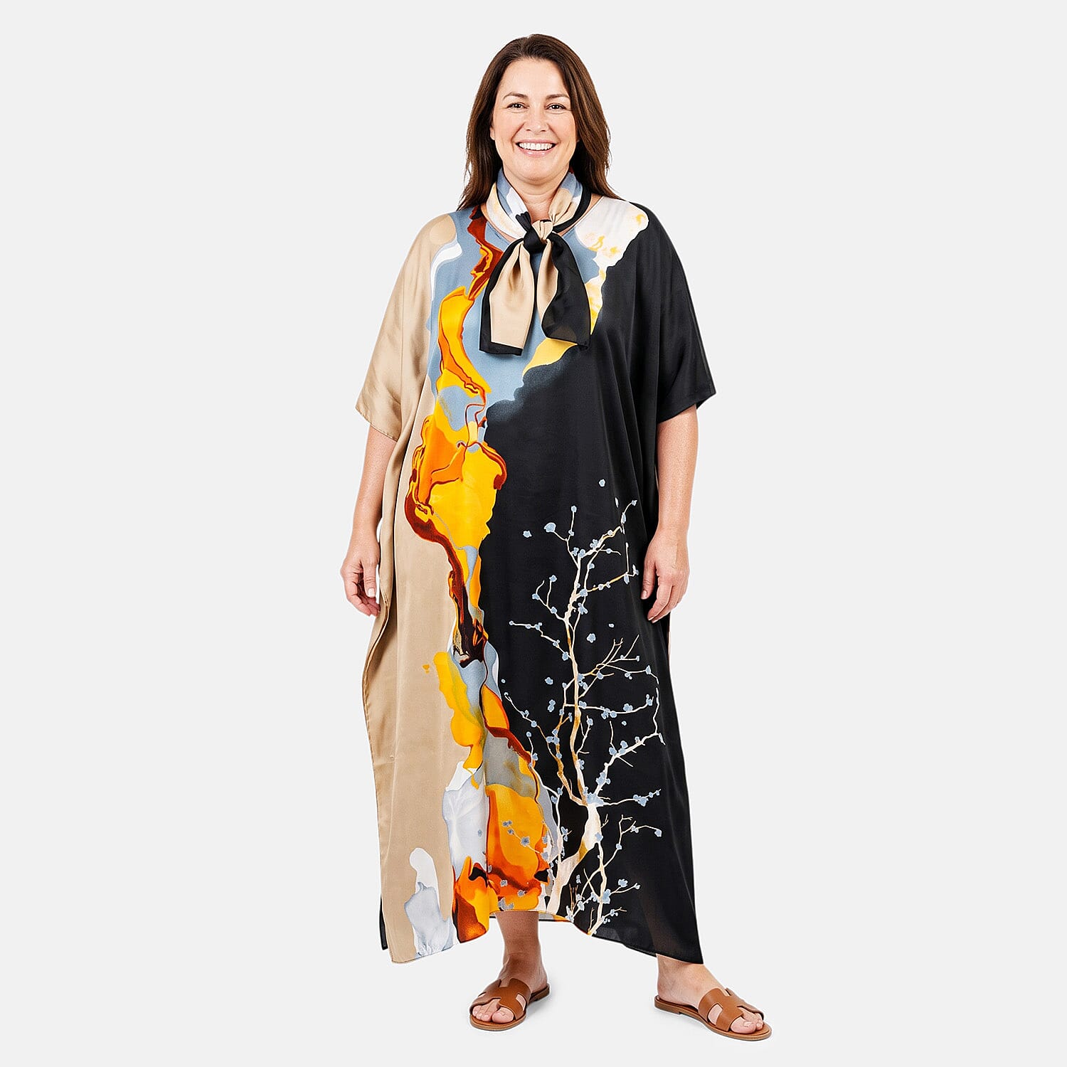 La Marey Black Long Kaftan with Scarf Set - One Size Fits Most