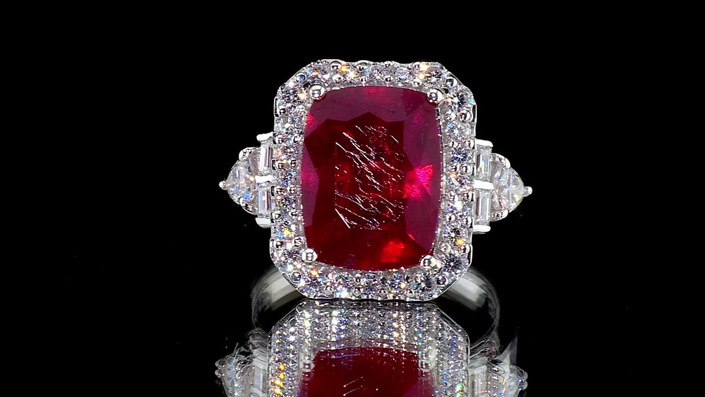 Certified & Appraised D''Joy Premium Niassa Ruby (FF), Moissanite Ring in Rhodium Over Sterling Silver (Size 10.0) 10.00 ctw