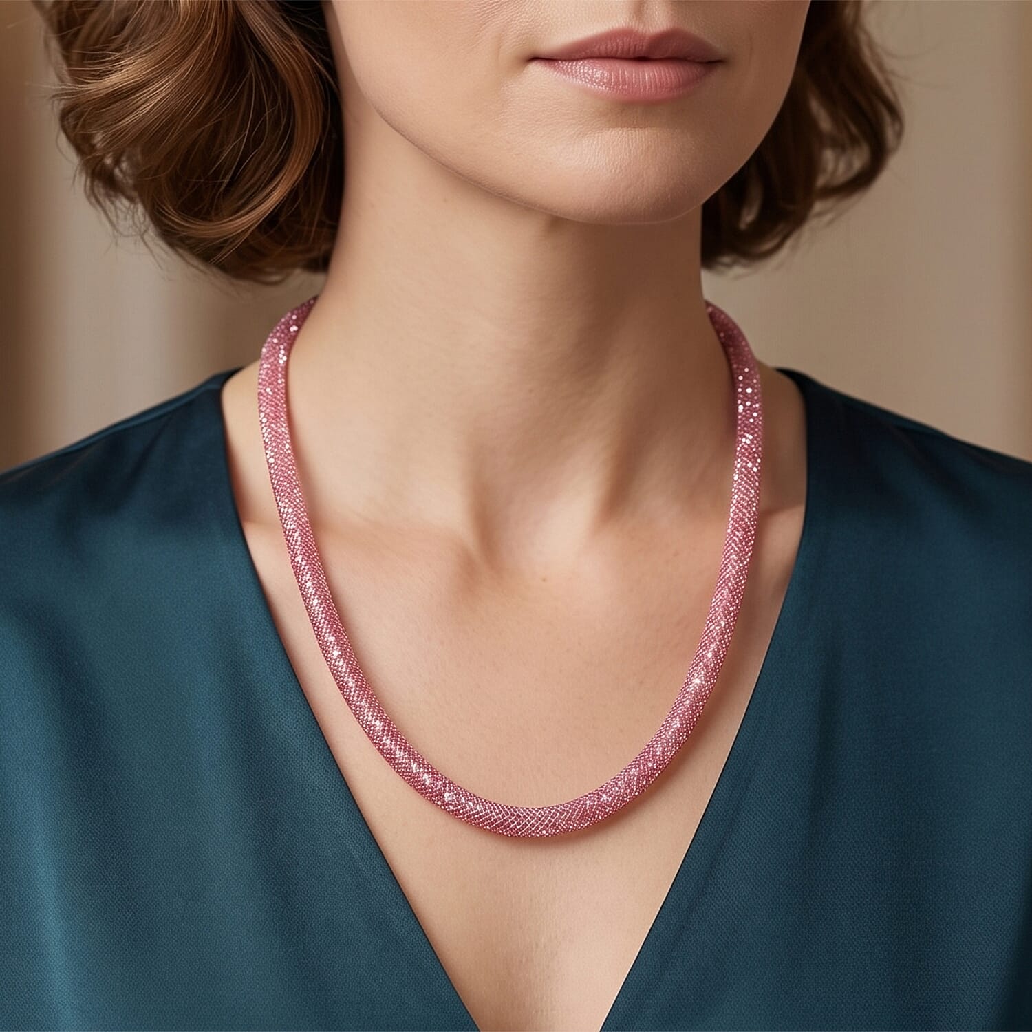 Pink Austrian Crystal Necklace in Rosetone 20-21 Inches