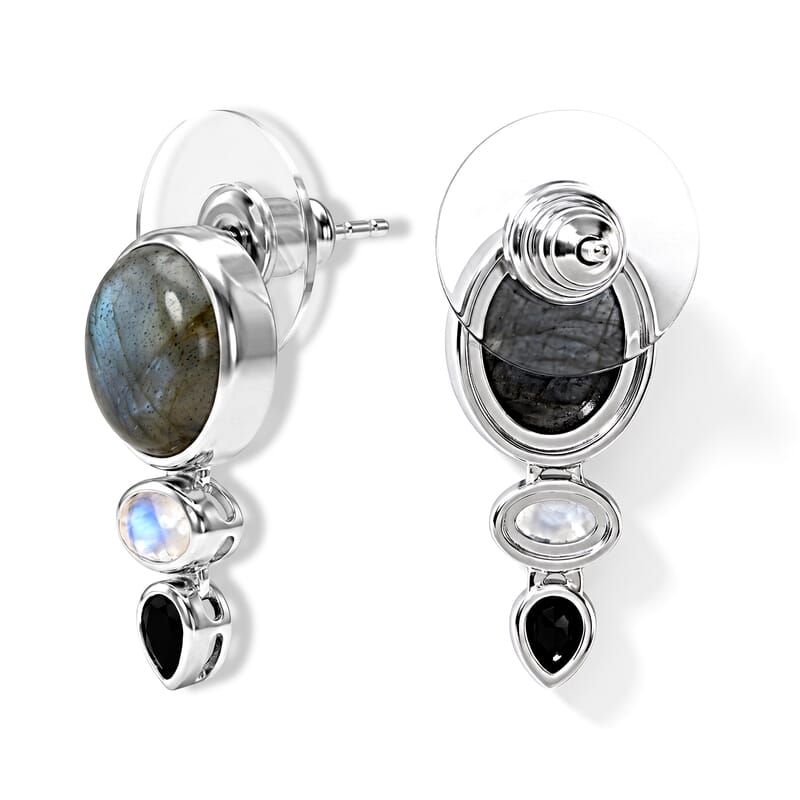 D'Joy Malagasy Labradorite and Multi Gemstone 7.10 ctw Dangling Earrings in Sterling Silver