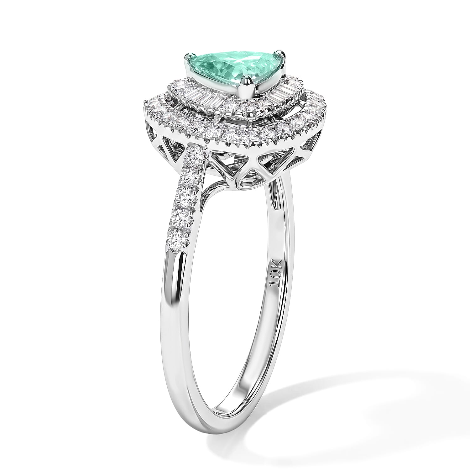 Certified and Appraised Luxoro 10K White Gold AAA Paraiba Tourmaline, Diamond (I2) (0.55 cts) Ring (Size 5.0) 1.00 ctw