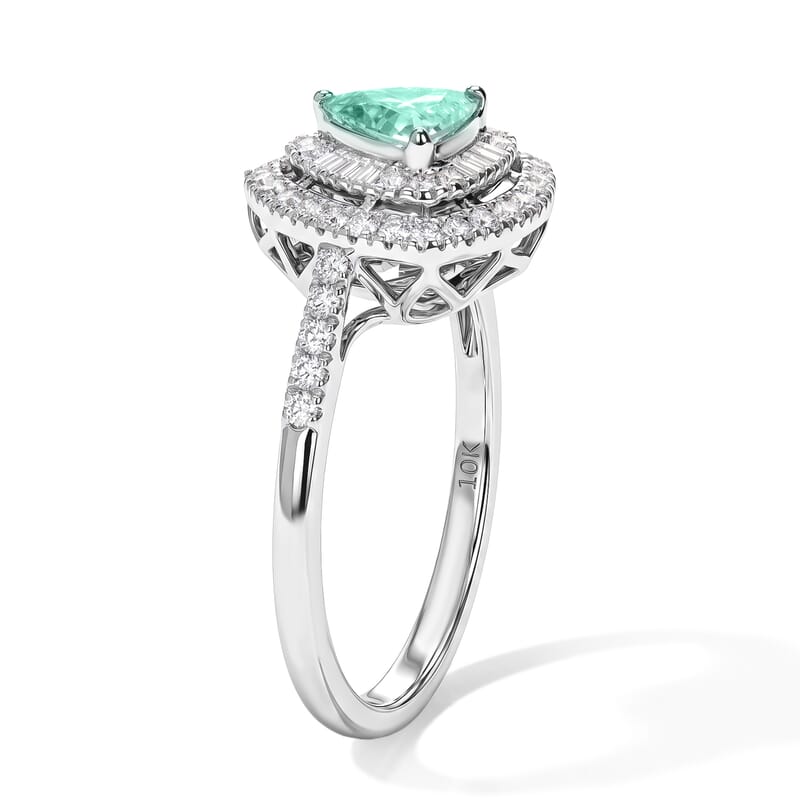 Certified and Appraised Luxoro 10K White Gold AAA Paraiba Tourmaline, Diamond (I2) (0.55 cts) Ring (Size 5.0) 1.00 ctw