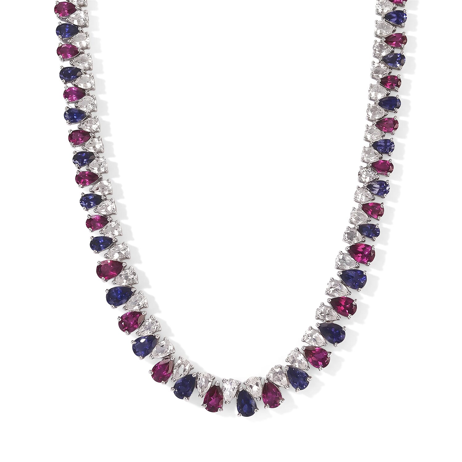 D'Joy Multi Gemstone 22.60 ctw Tricolor Riviere Necklace (18 Inches) in Rhodium Over Sterling Silver