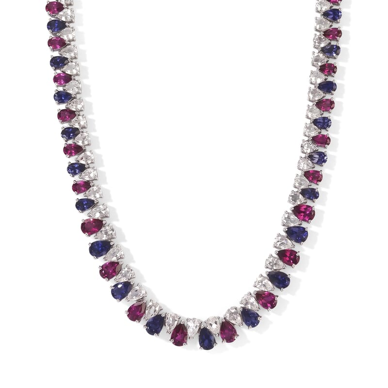 D'Joy Multi Gemstone 22.60 ctw Tricolor Riviere Necklace (18 Inches) in Rhodium Over Sterling Silver